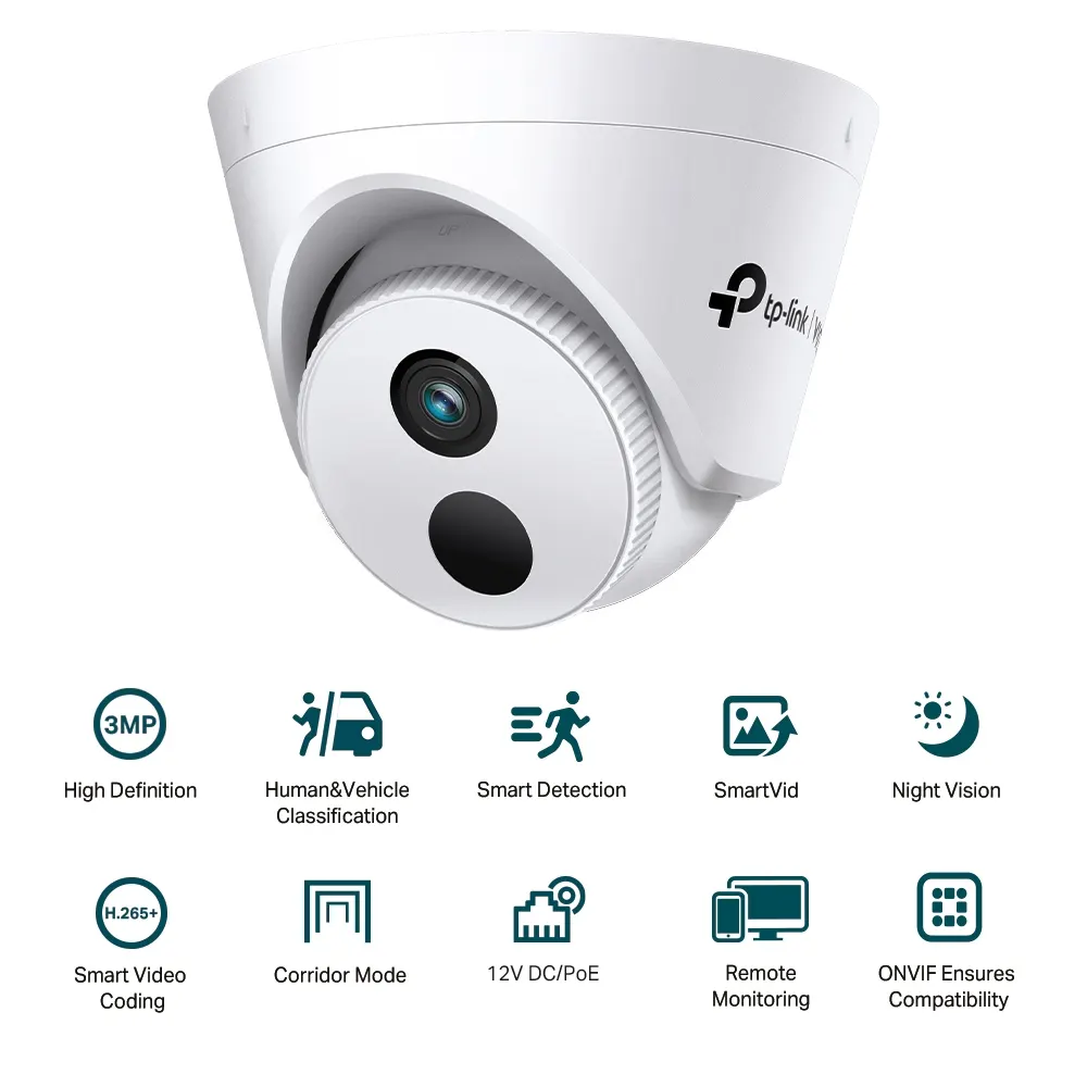 TP-LINK VIGI C430I IR Turret Network Camera - Indoor, 3MP, 2304 × 1296, 2.8mm Lens, 117.9° Diagonal Viewing Angle, IR Cut Filter, RJ-45, PoE/12V DC