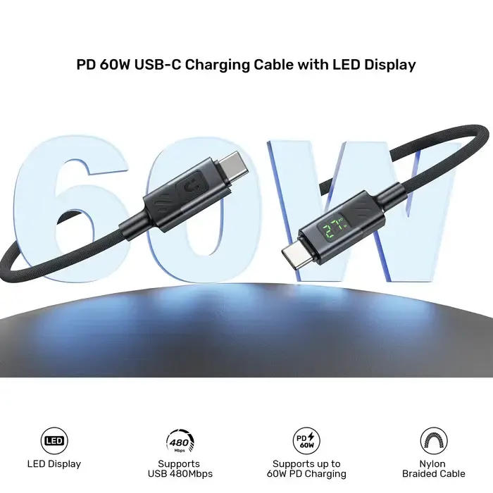 C14158ABK01-2M, UNITEK, Cable, 2M USB-C PD 60w charging, with LED Display, Nylon Braided, Black.