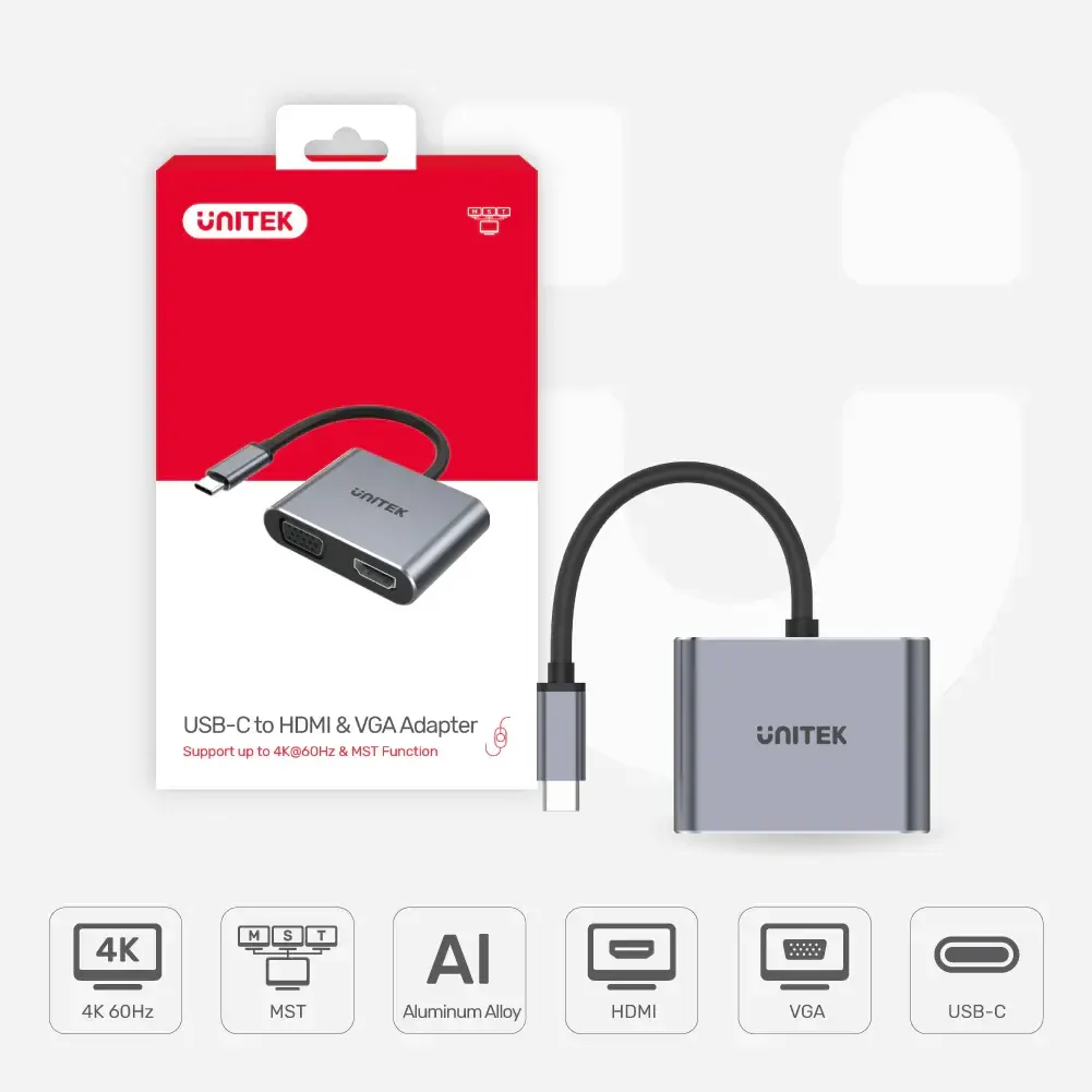 V1126A,UNITEK USB3.1 Type-C To HDMI (4K 60Hz) + VGA Adapter with MST, Space Grey