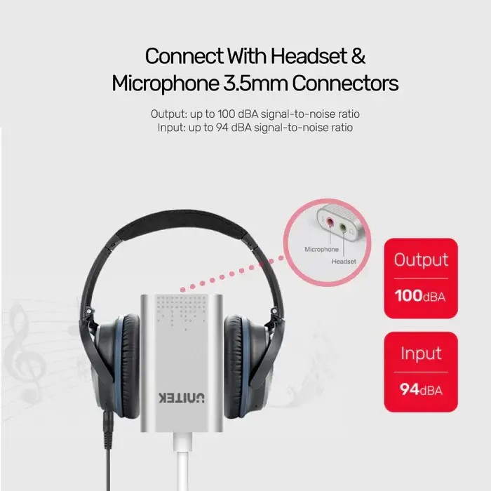 Y-247A, UNITEK, USB Adapter, USB 2.0 External Sound Card Adapter for Stereo Audio, 48KHz 16-bit Silver Color.