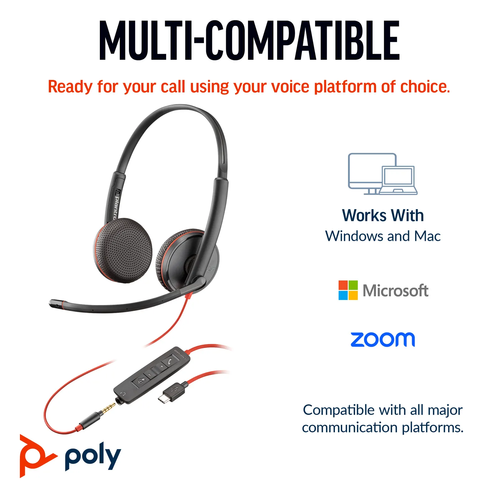 Poly BlackWire 3225 Wired On-ear Black