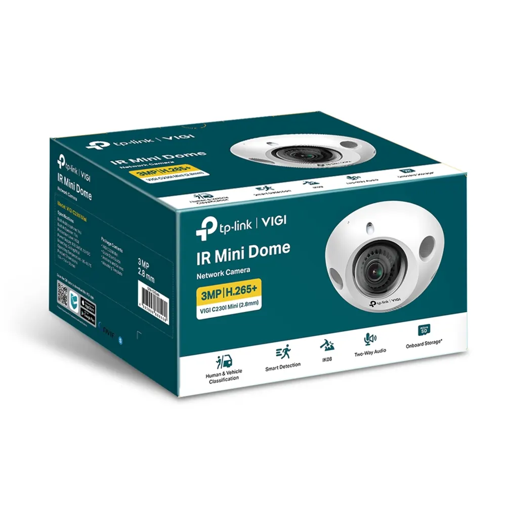 TP-LINK VIGI C230I Mini IR Dome Network Camera - Indoor, 3MP, 2304 × 1296, 2.8mm Lens, 127.9° Diagonal Viewing Angle, IR Cut Filter, RJ-45, IK08