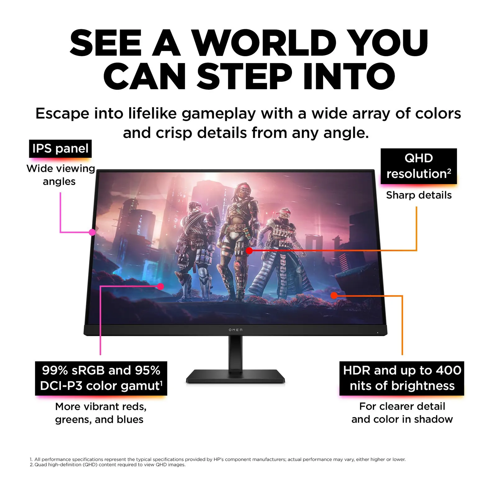 OMEN 32q, HP, Monitor, 31.5" IPS 2560x1440 2K, 165Hz, 400 nits, 1 ms, DP, HDMI, 3.5mm.