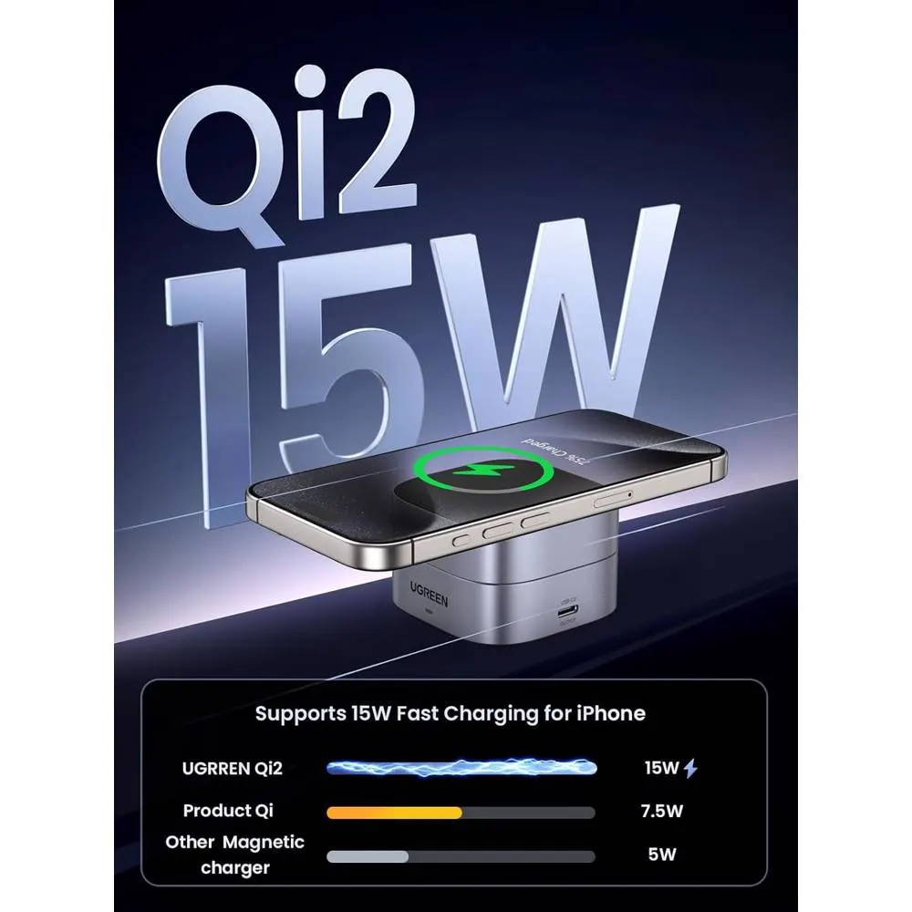 უსადენო დამტენი UGREEN W702 (35316) MagFlow Qi2, 25W, Magnetic Foldable Charging Station, Dark Gray