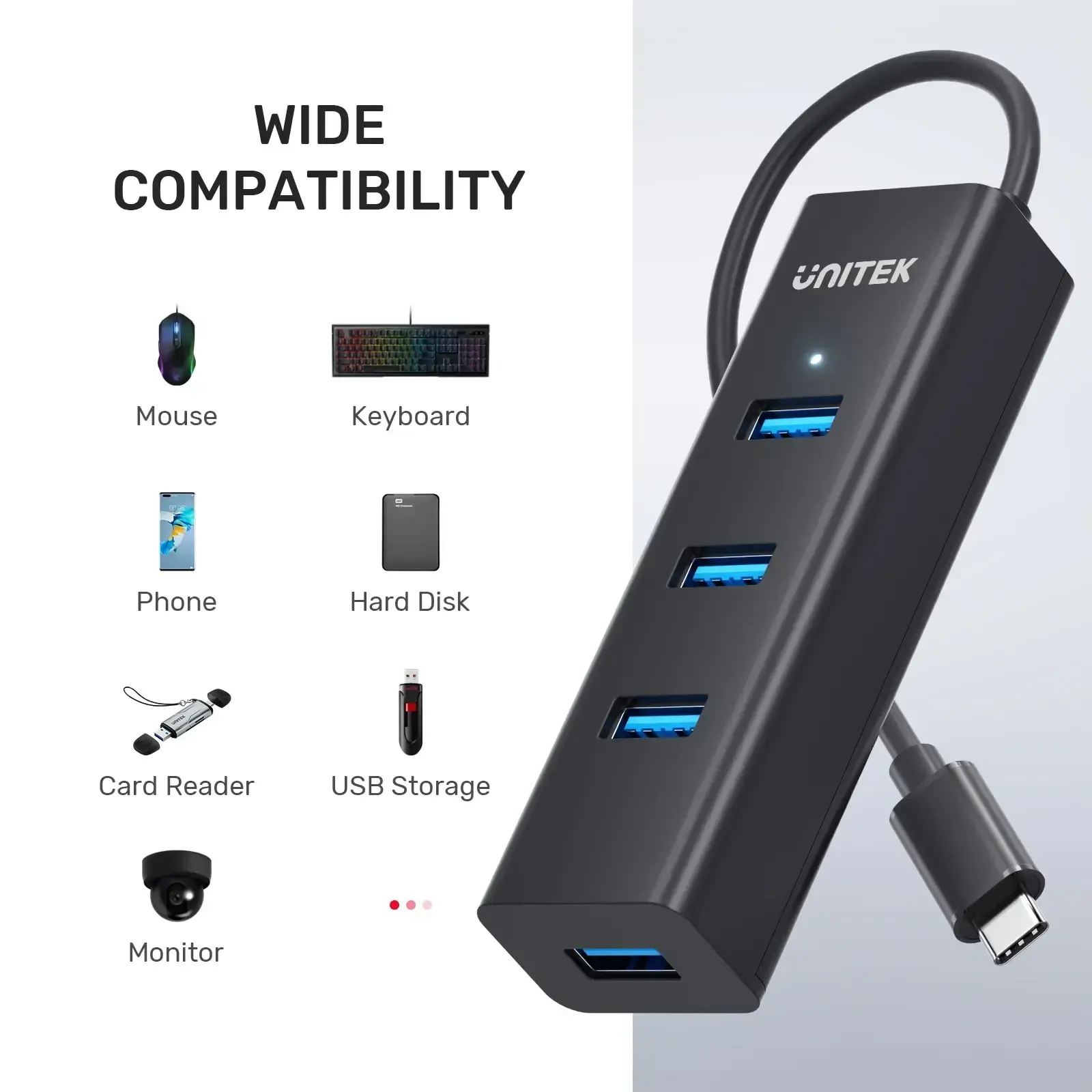 Type-C ჰაბი Y-3089Z01, UNITEK 4-in-1 USB-C 5Gbps Hub (4*USB-A) Black