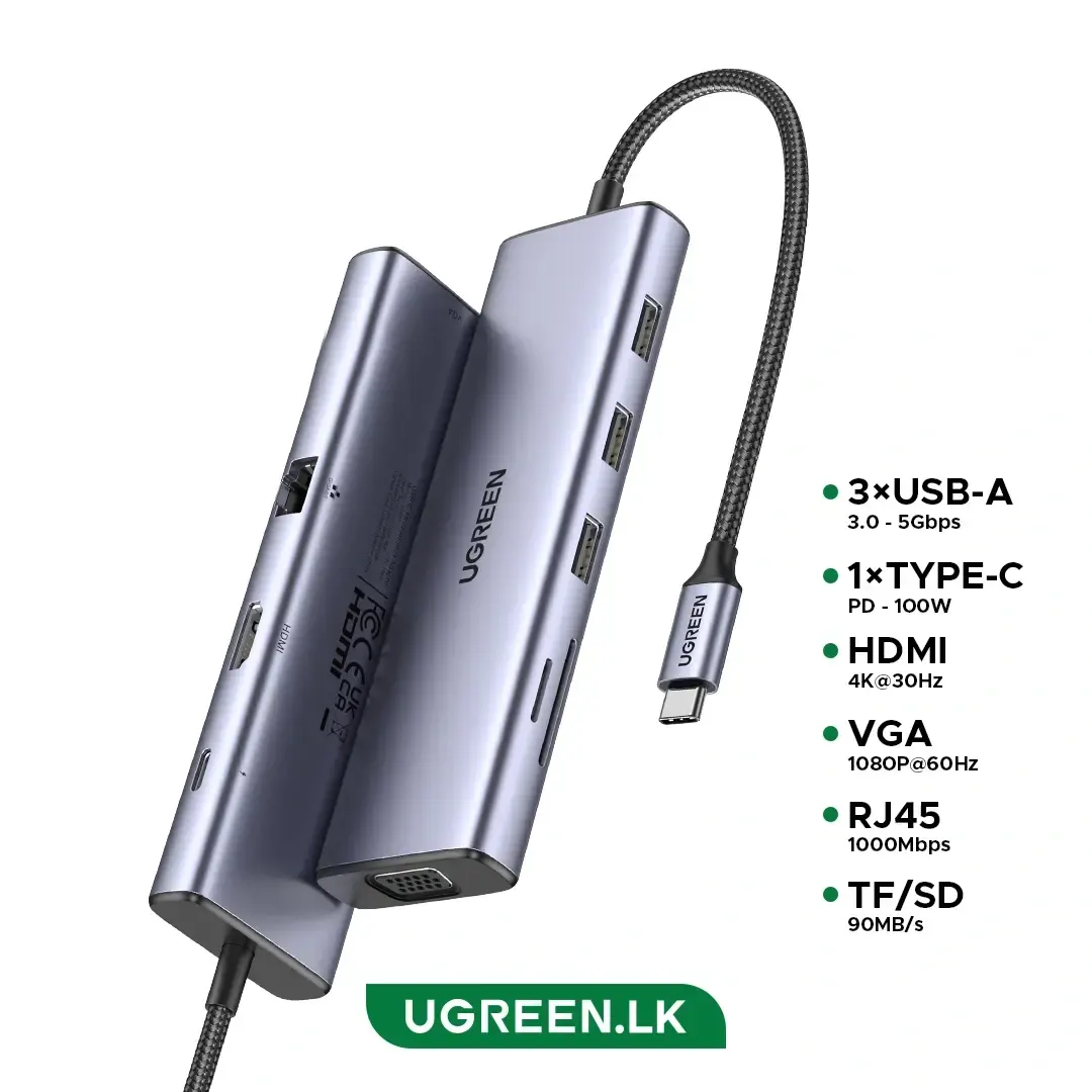 Type-C ჰაბი CM498, UGREEN, USB HUB, USB-C, USB, HDMI, VGA, RJ45, SD, TF, Hub, Gray.