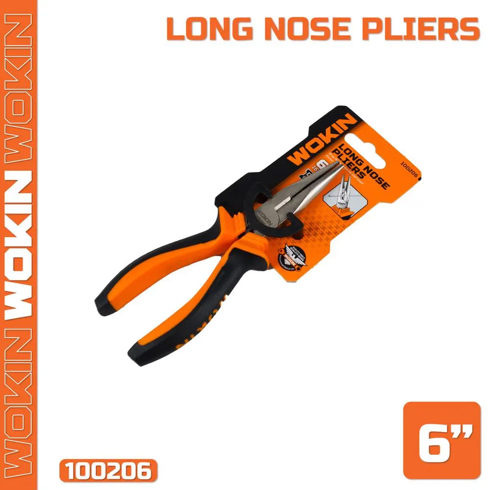 Long nose pliers with rubber handle Wokin 100206, 160MM, 6\", Long Nose Pliers, Black/Orange