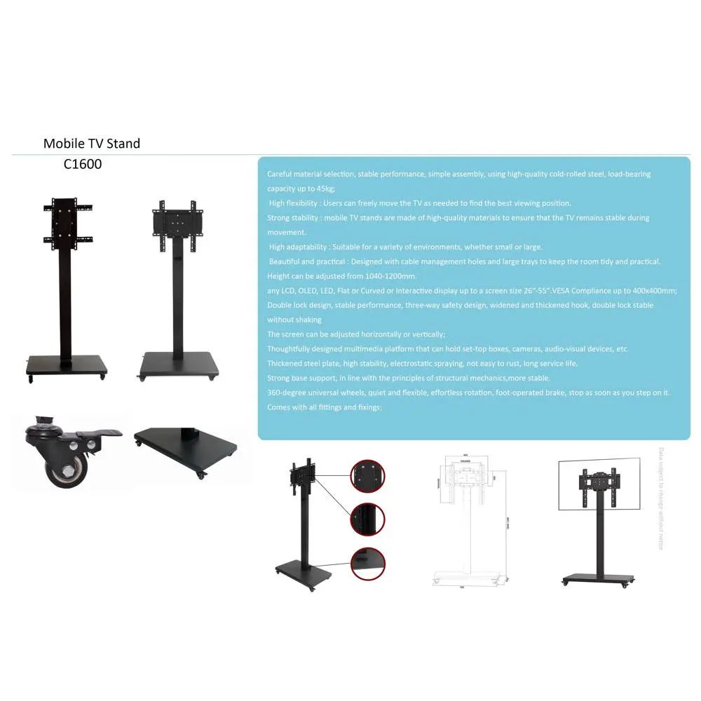 Allscreen C1600, 26”-55”, TV Mount With Roller, Black