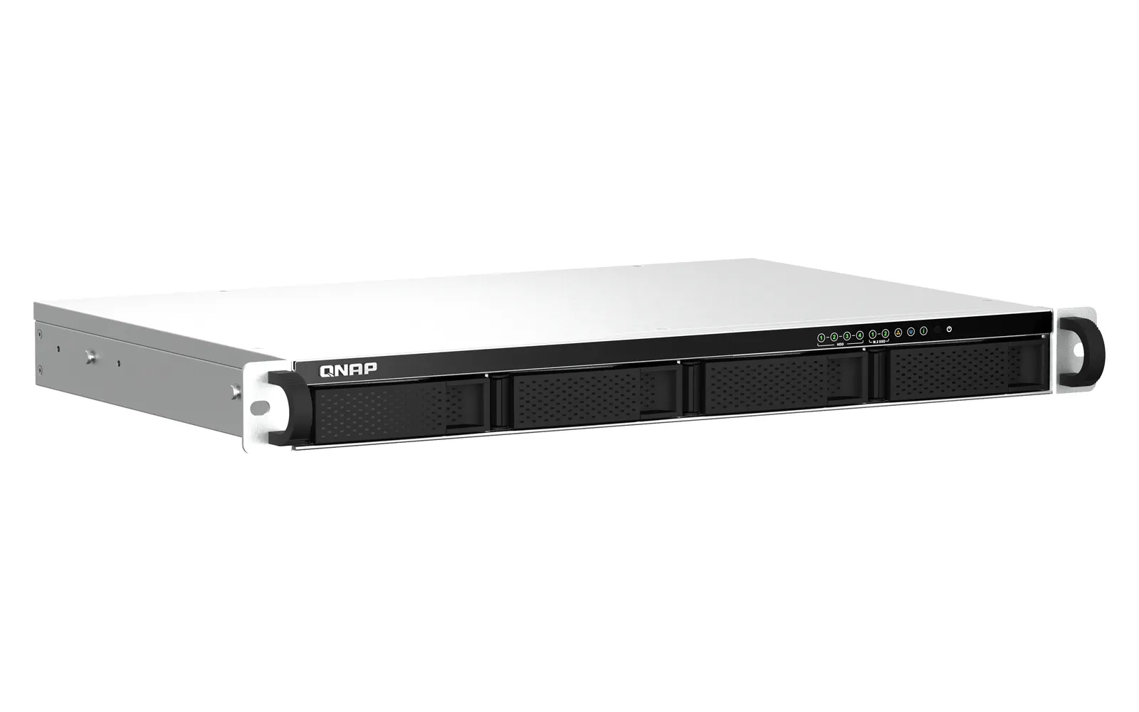 4-bay 1U short depth 12" rackmount NAS, Intel Celeron N5105/N5095 quad-core, burst up to 2.9 GHz; 4GB RAM (2 x SODIMM slots, max 16GB total); 4 x