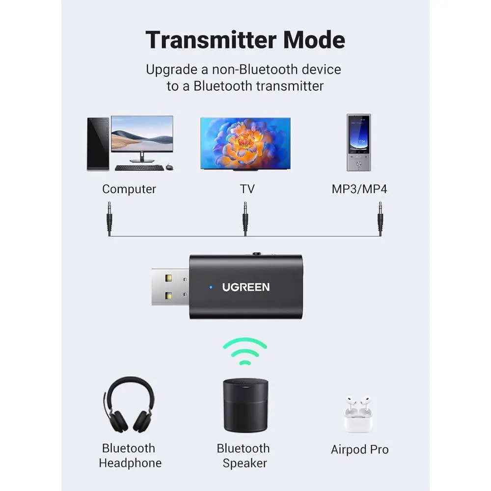 Bluetooth ადაპტერი UGREEN CM523 (60300), USB 2.0 to 3.5mm Bluetooth Transmitter/Receiver Adapter, Black