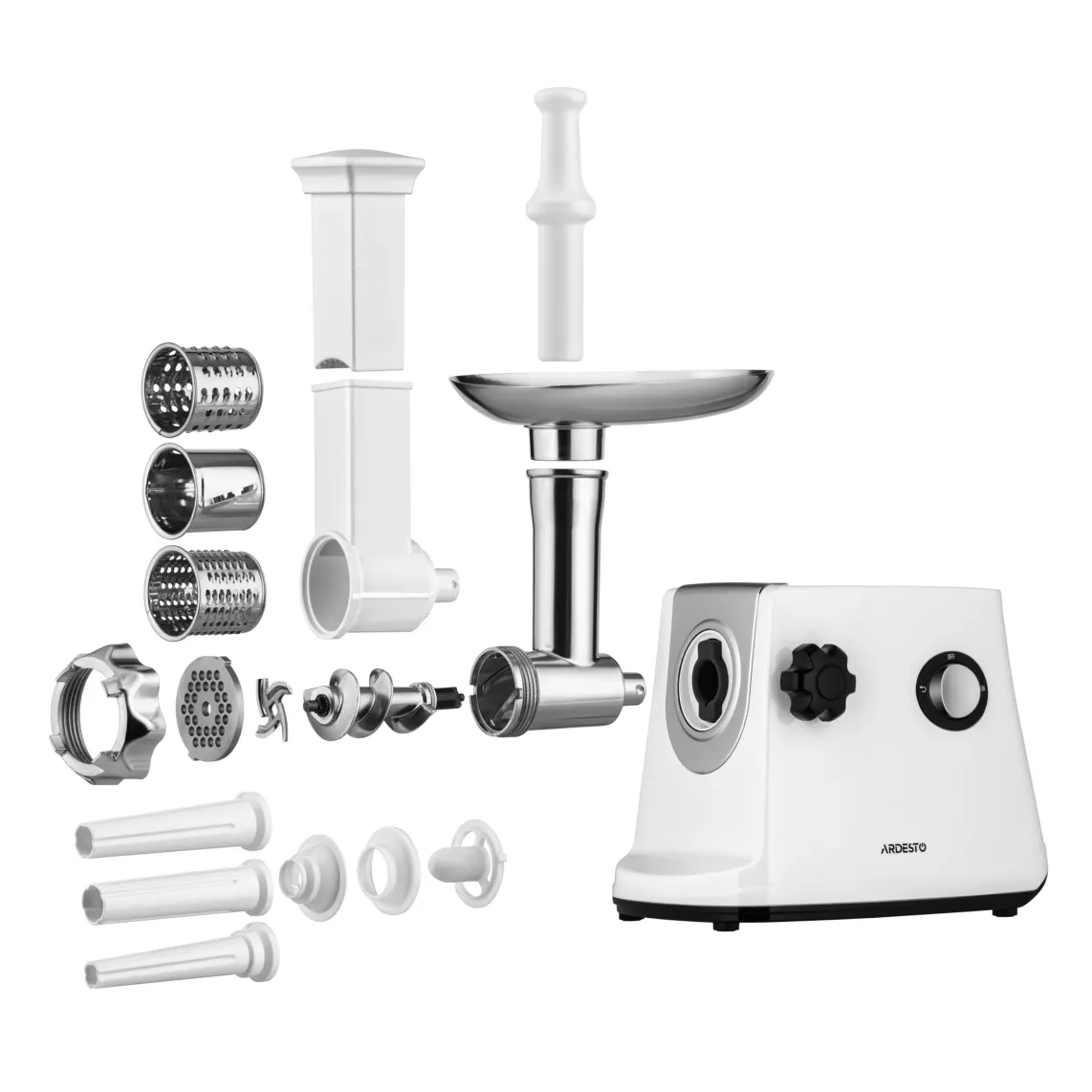 ხორცსაკეპი მანქანა Ardesto meat grinder, 1600W, 1.6kg/min, 3 cutting plates, sausages nozzle, 3 vegetable slicer, plastik, black-silver