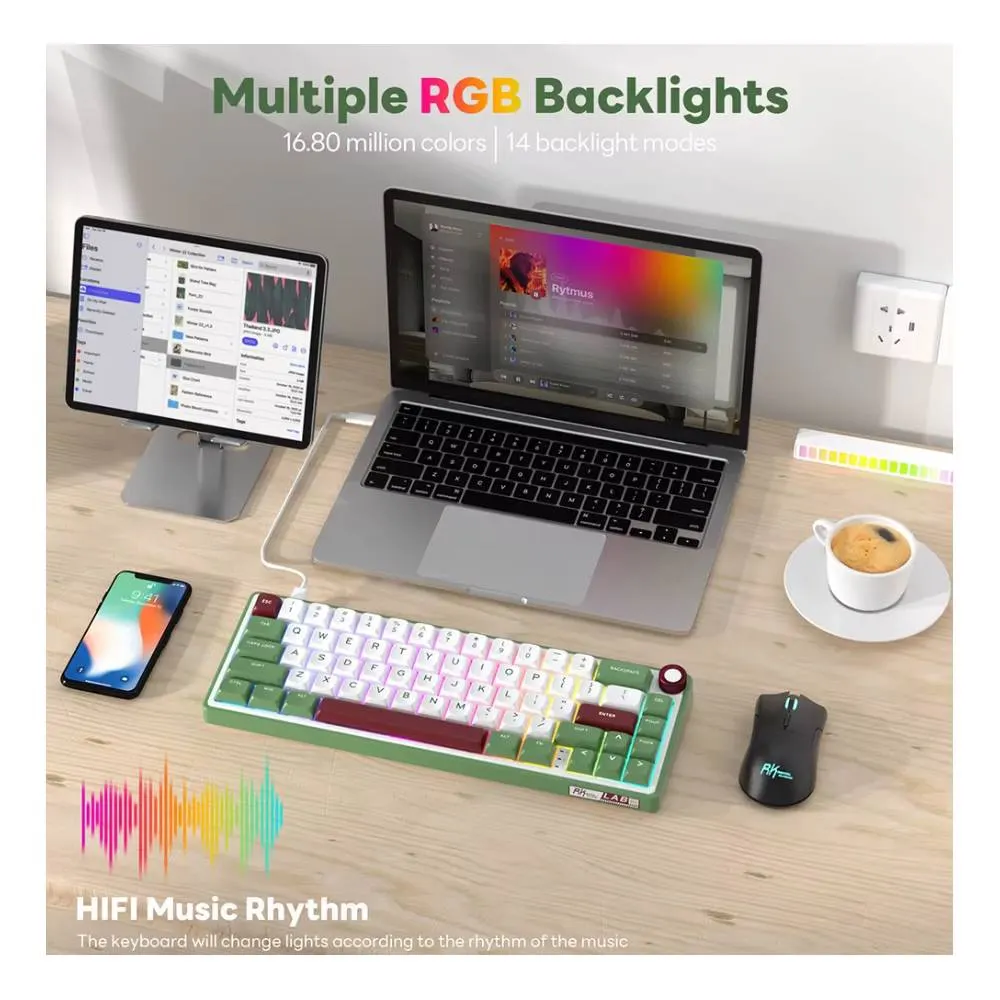 კლავიატურა Royal Kludge RK R65 RGB Mechanical Keyboard, Chartreuse switch, Hot Swappable, Type-C wired, Green sand