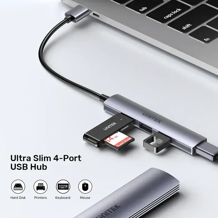 H1208A, UNITEK 4-in-1 USB-A 5Gbps Hub (3x480Mbps 1x5Gbps 3.0), Slim, Space Grey