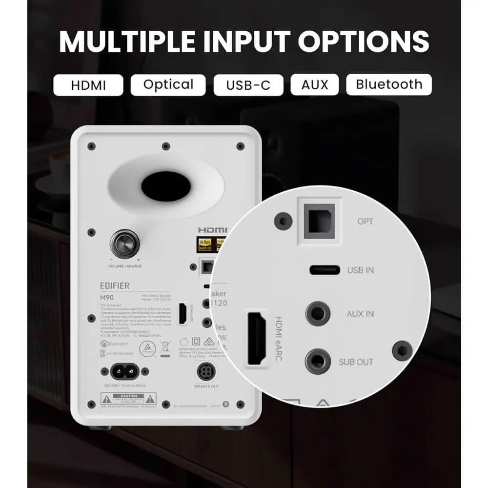 Edifier M90, 100W, HDMI eARC, Optical, Type-C, AUX, Bluetooth, Compact Active Speaker, White