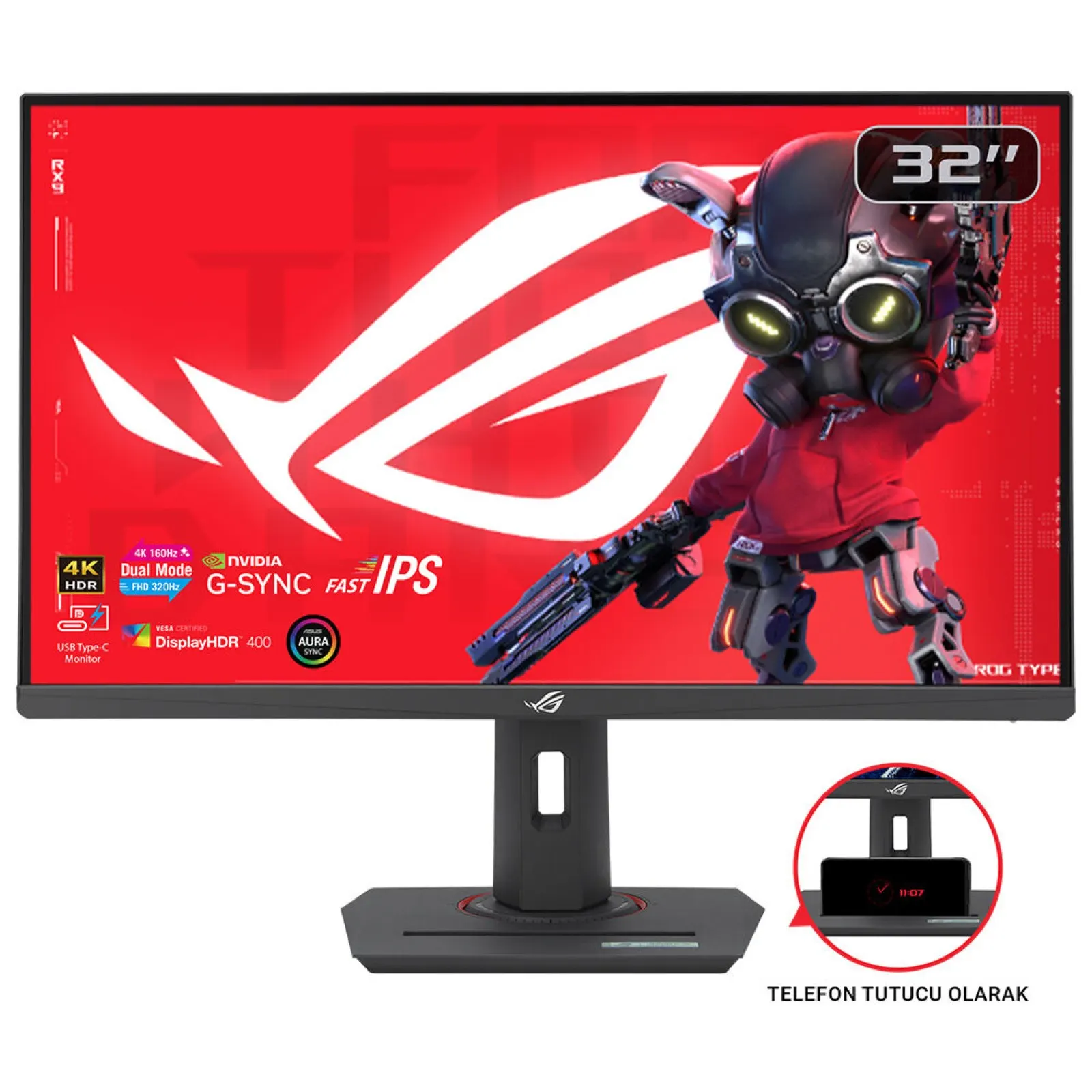 Monitor Asus 31.5" ROG Strix XG32UCG HDMI, DP, USB-C, IPS, 3840x2160, dual mode (4K 160Hz/ FHD 320Hz), 160Hz, 0.3ms, DCI-P3 95%, G-SYNC, HDR, Aura