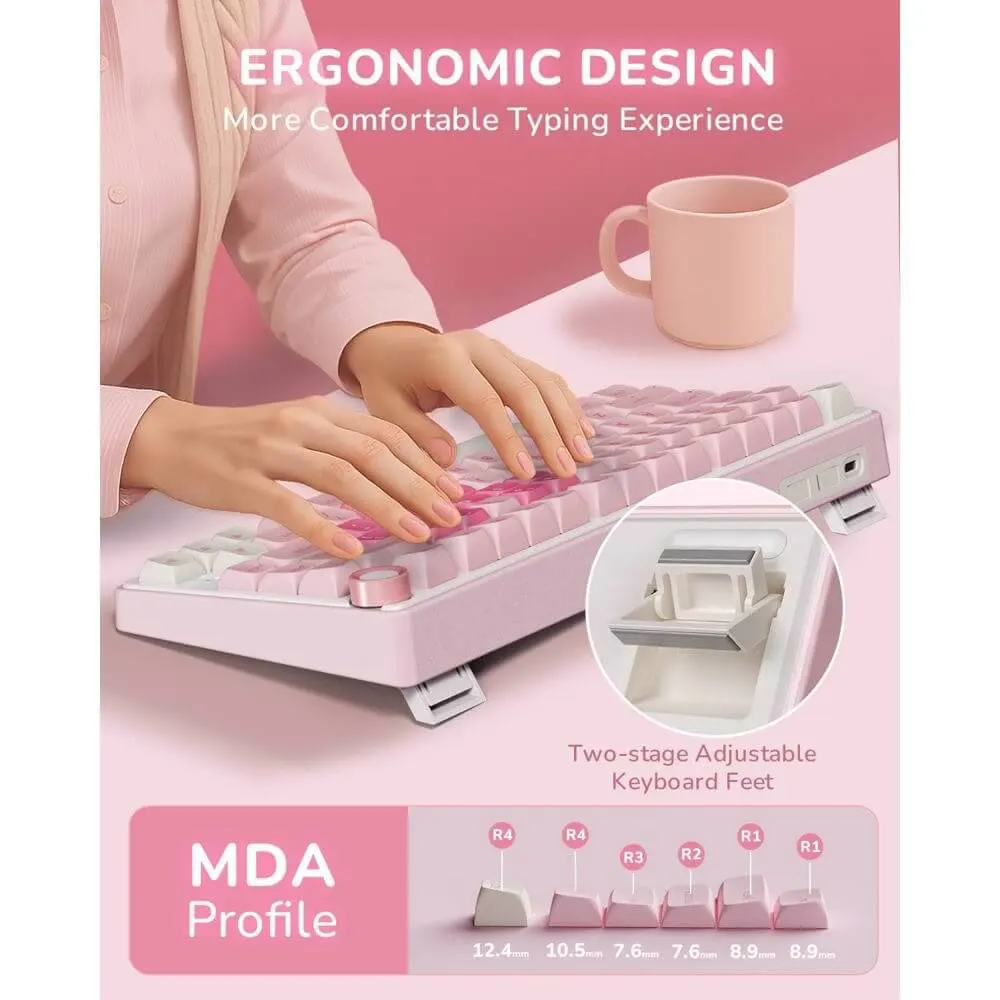 Royal Kludge RK R75-PM-XH RGB Mechanical Keyboard, Cream Switch, Hot Swappable, Wired, USB, Pink Melody