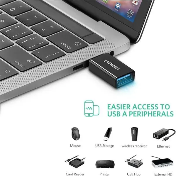 Type-C ადაპტერი US173, UGREEN, Adapter, Type-C 3.1 Male To USB 3.0 female Adapter, Black.