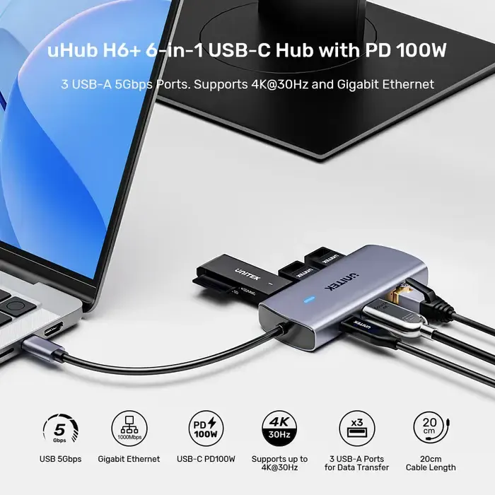Type-C ჰაბი D1113C, UNITEK, USB HUB, 6-in-1 USB-C 5Gbps Hub.