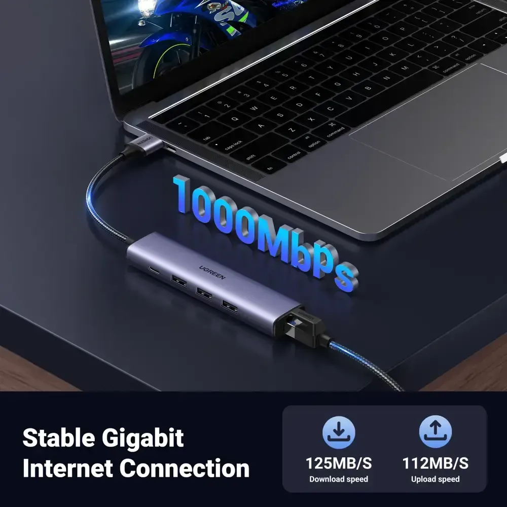 USB ჰაბი UGREEN CM475 (60554), USB, Type-C, LAN, HUB, Grey