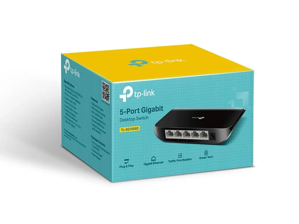 TP-Link, TL-SG1005D, 5-port Gigabit Switch, 5 10/100/1000M RJ45 ports, plastic case