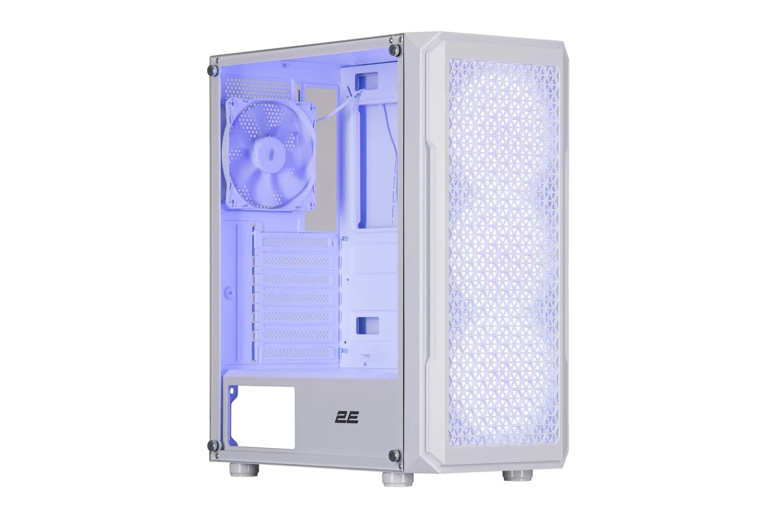 ქეისი 2E Gaming Computer case Hexagon G338W, without PSU, 2xUSB 3.0, 1xUSB Type-C, 1x120mm, 3x120mm ARGB, TG Side Panel, ATX, White