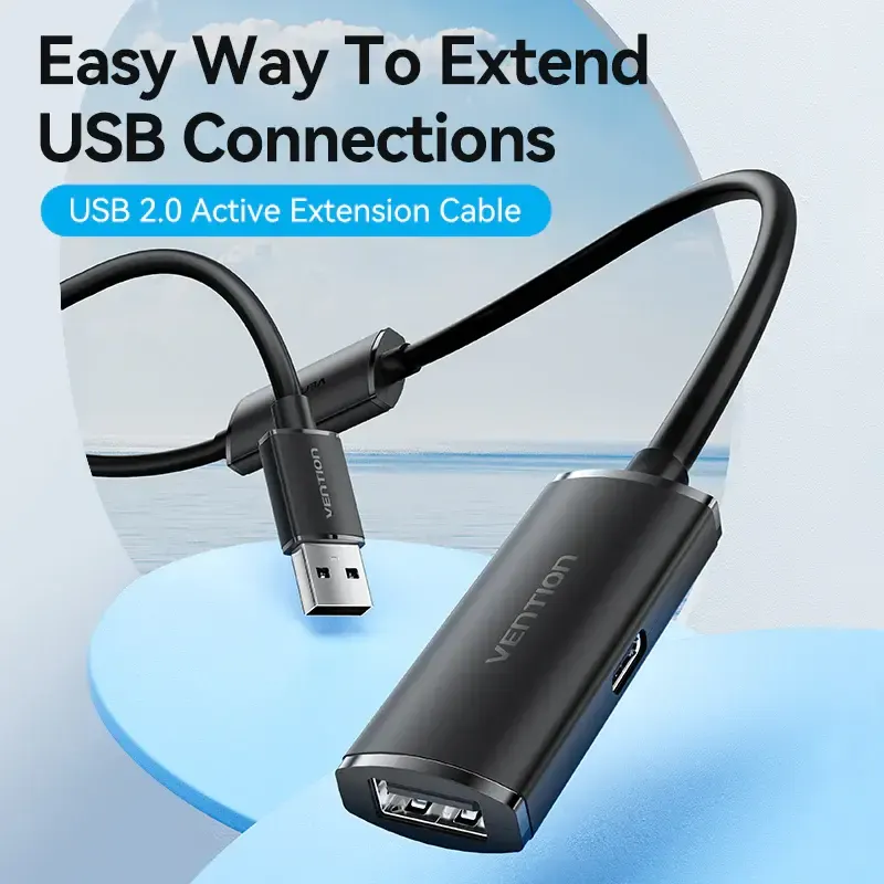 USB დამაგრძელებელი VENTION, CBKBN, USB 2.0 Type-A Male to Type-A Female Active Extension Cable 15M Black.