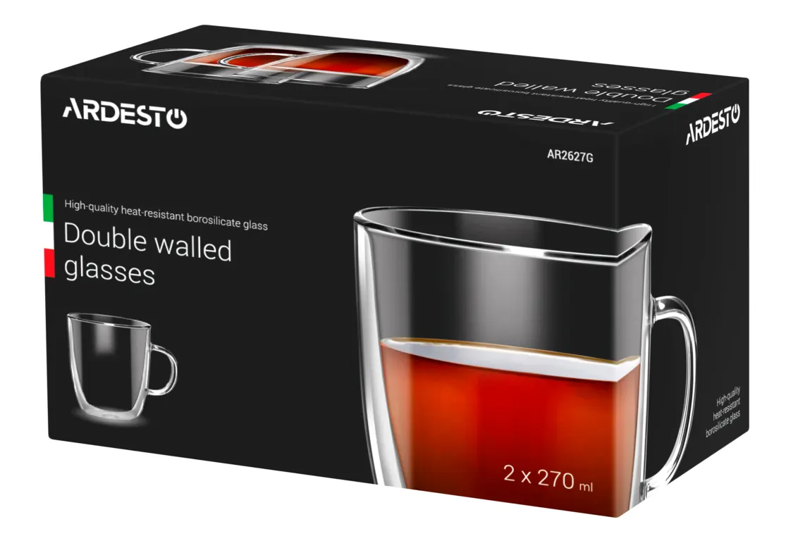 ARDESTO Double wall borosilicate glass cup set, 270 ml, 2 pcs, with handles