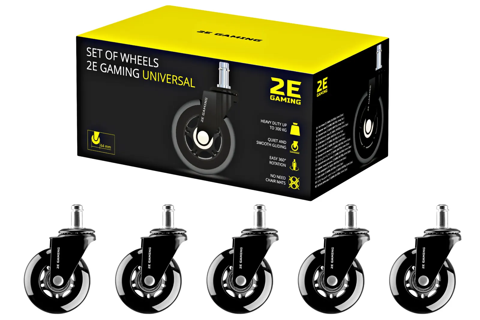 სავარძლის აქსესუარი Set of wheels 2E GAMING UNIVERSAL 64 mm (5 pcs.) Black