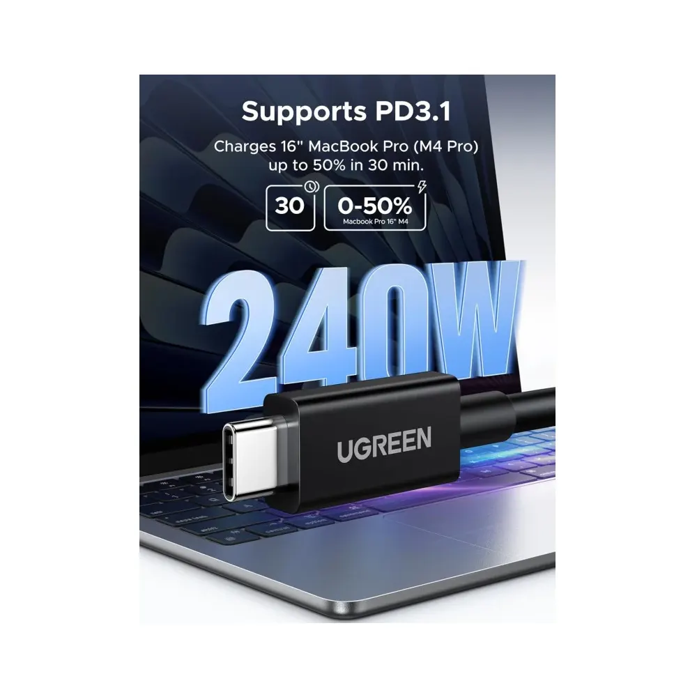 ვიდეო კაბელი UGREEN L703 (45996), 240W, Type-C Thunderbolt 5 Cable, 1m, Black