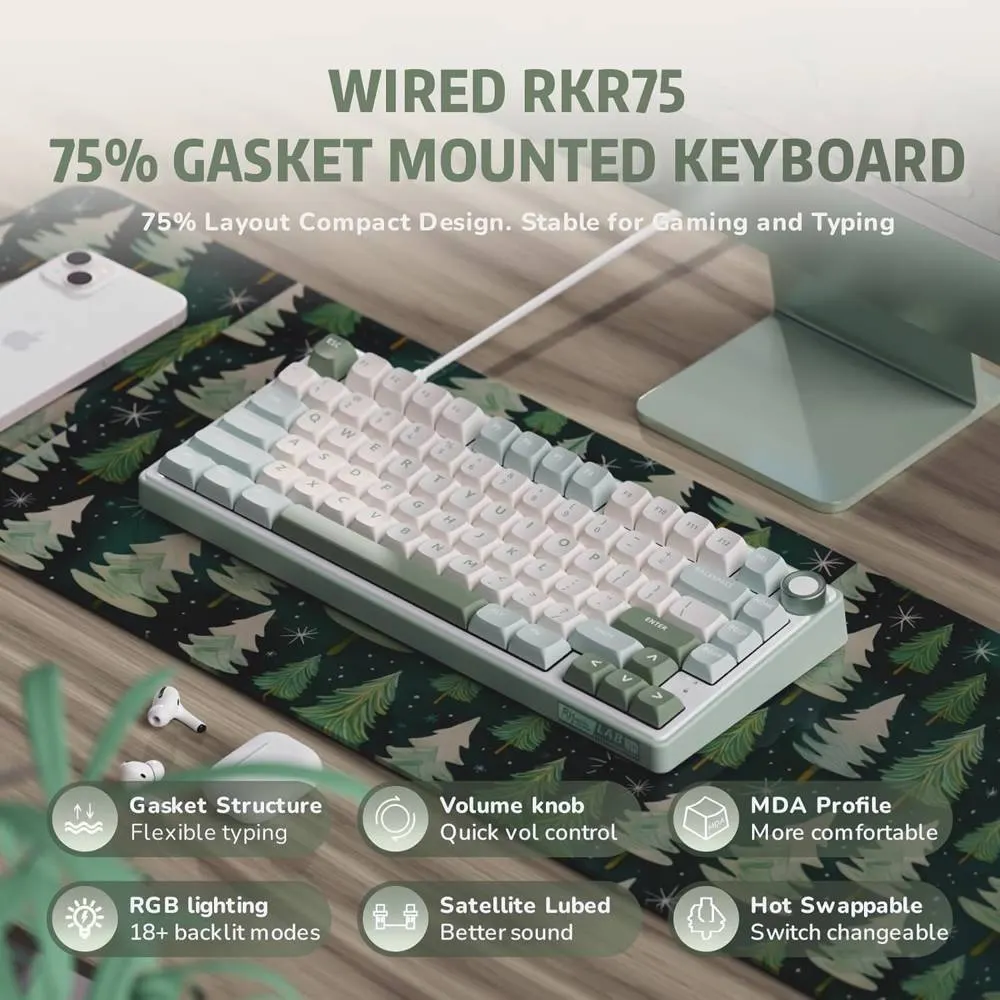 კლავიატურა Royal Kludge RK R75 RGB Mechanical Keyboard, K silver switch, Hot Swappable, Type-C wired, Sky Cyan