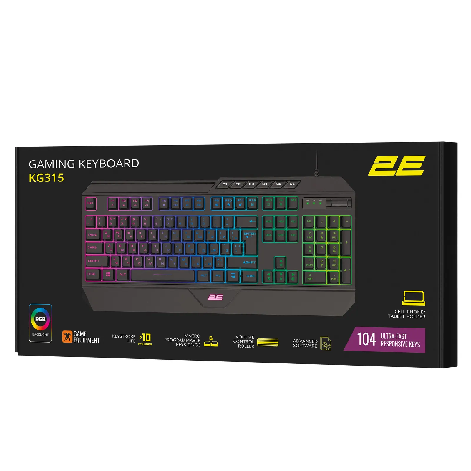 2E GAMING Membrane keyboard KG315 110key, USB-A, EN/RU, RGB, black