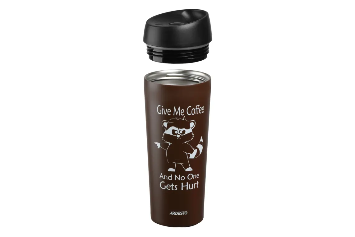თერმოჭიქა Ardesto Travel mug Coffee time Raccoon 450 ml, brown, s/s