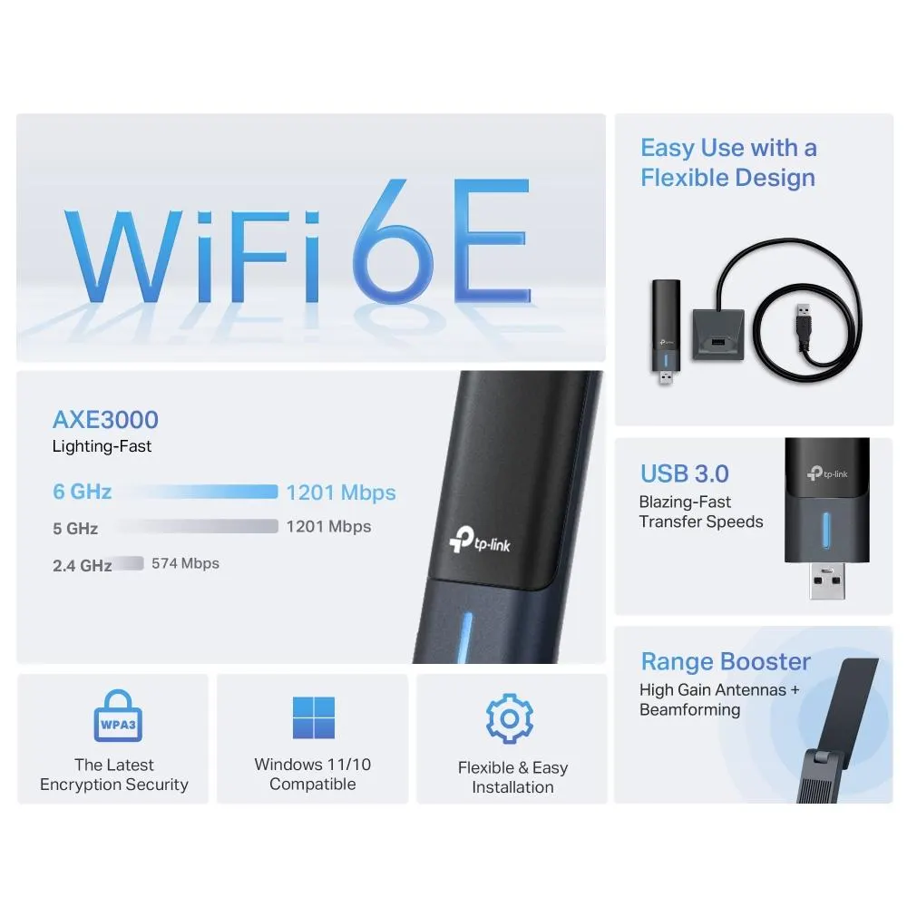 TP-Link, Archer TXE50UH, USB Adapter, AXE3000 Wi-Fi 6E