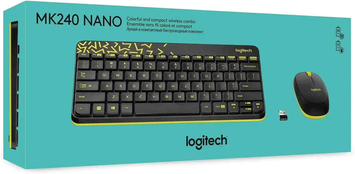 MK240, LOGITECH, Keyboard, Nano Wireless Combo, BLACK/CHARTREUSE .