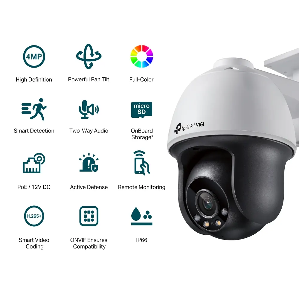 TP-Link VIGI C540 Full-Color Pan Tilt Network Camera - Outdoor, 4MP, 2560 × 1440, 4mm Lens, 93° Diagonal Viewing Angle, Full-Color Night Vision, IR
