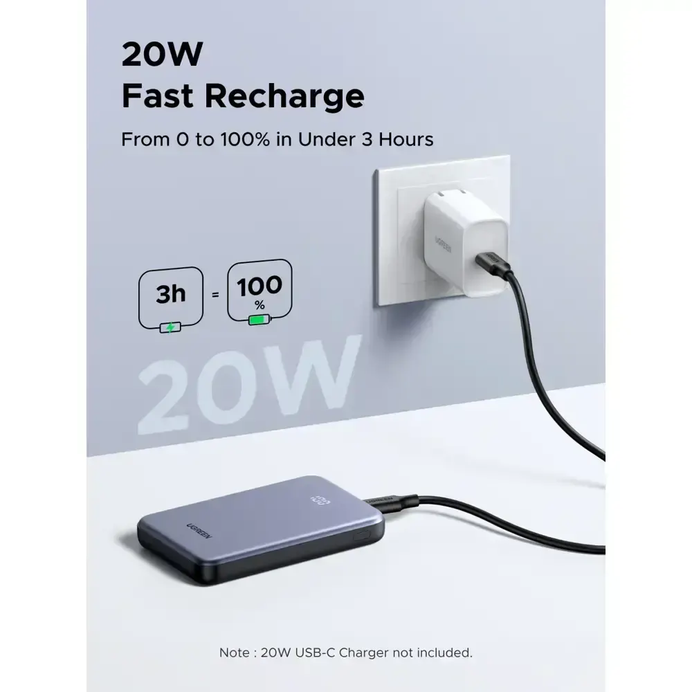 პორტატული დამტენი UGREEN PB507 (75131B) Zapix Series, 10000mAh, Type-C, USB, Fast Charging Power Bank, Space Gray