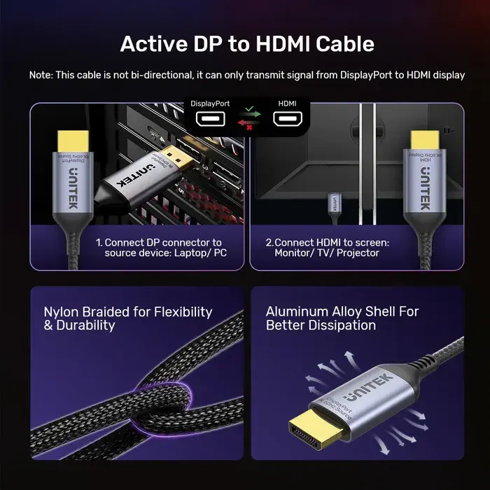 HDMI კაბელი V1610A, UNITEK, Cable, DisplayPort to HDMI Male Adapter Cable, 8K 60Hz 1.8M,.