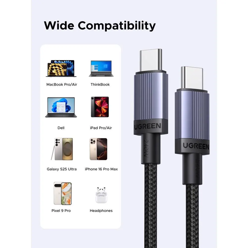 USB კაბელი UGREEN L532 (65907), 240W, Type-C to Type-C PD Fast Charging Cable, 1m, Space Gray