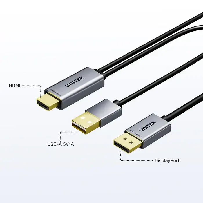 V1714A, UNITEK, Adapter, 1.8M, 4K 60Hz HDMI to DP Cable with USB Power Plug.