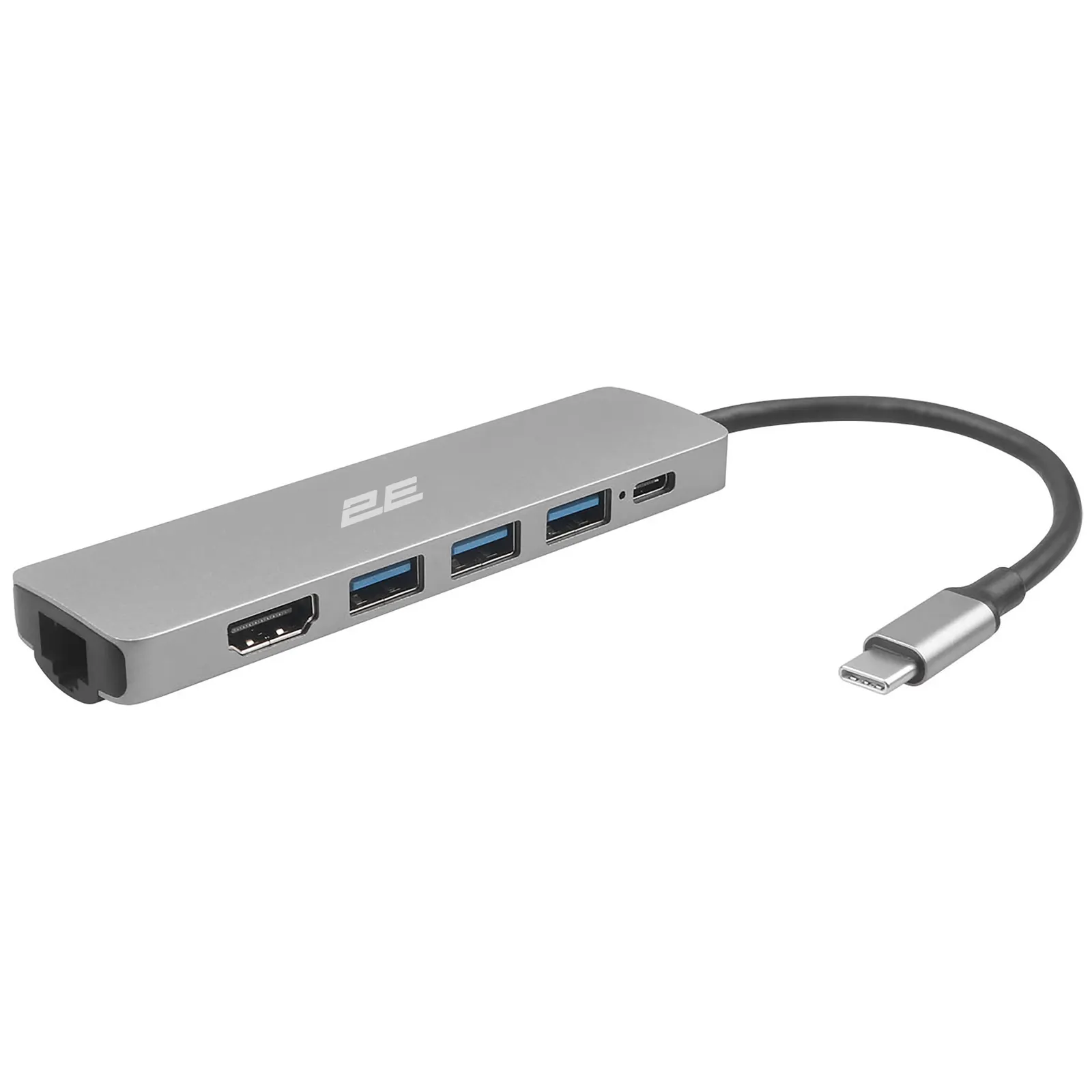 Type-C ჰაბი 2E Hub USB-C > 2xUSB-A 2.0/USB-A 3.0/USB-C PD/HDMI/Ethernet, 0.15m, silver