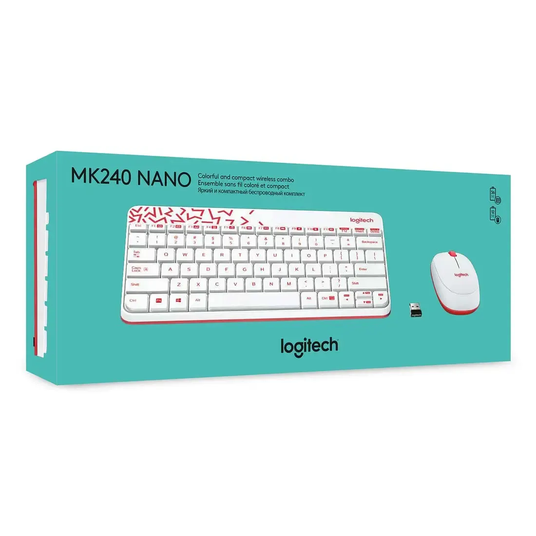 MK240, LOGITECH, Keyboard, Nano Wireless Combo, WHITE/VIVID RED.