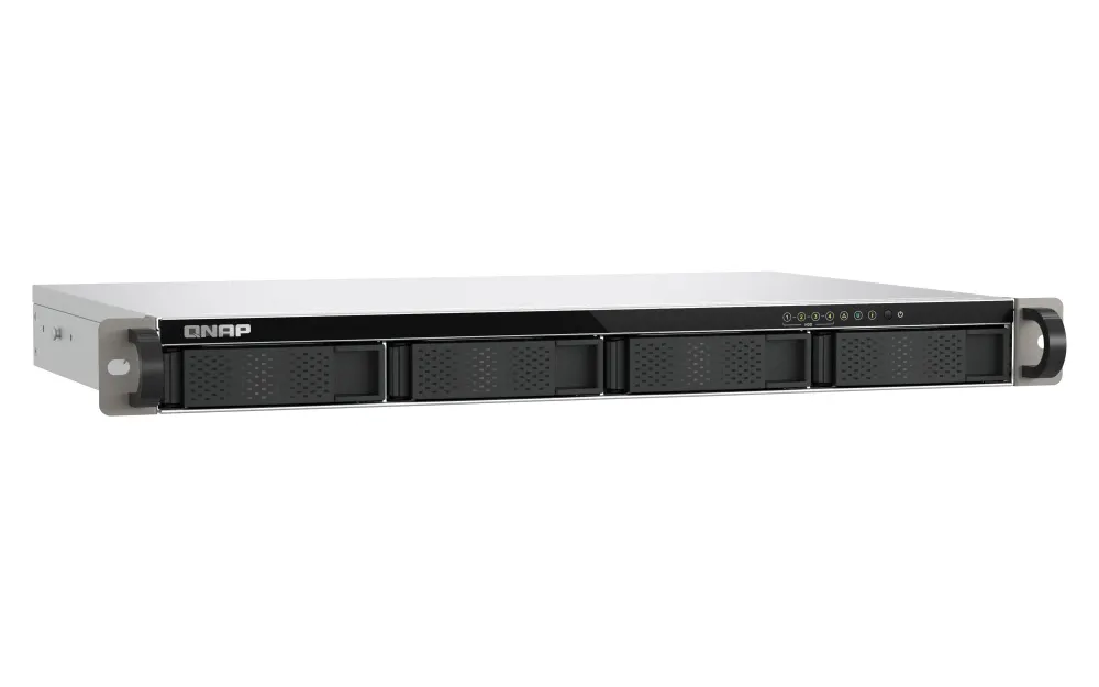 NAS სერვერი 4-Bay quad-core 2.0 GHz short-depth 1U rackmount NAS with 100W power supply, 4GB RAM (not expandable), SATA 6Gb/s, 2 x 2.5 GbE LAN, Container Station