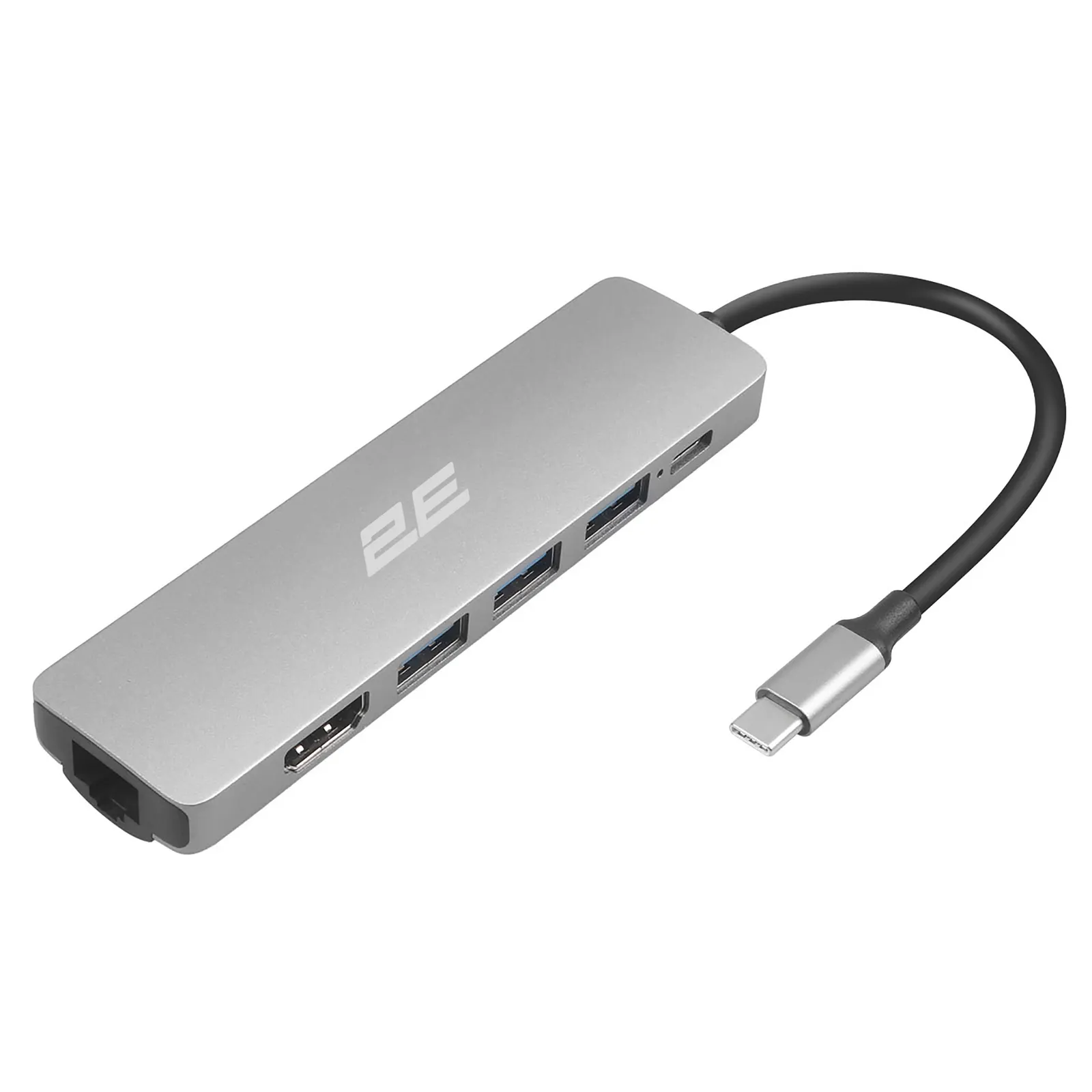 Type-C ჰაბი 2E Hub USB-C > 2xUSB-A 2.0/USB-A 3.0/USB-C PD/HDMI/Ethernet, 0.15m, silver