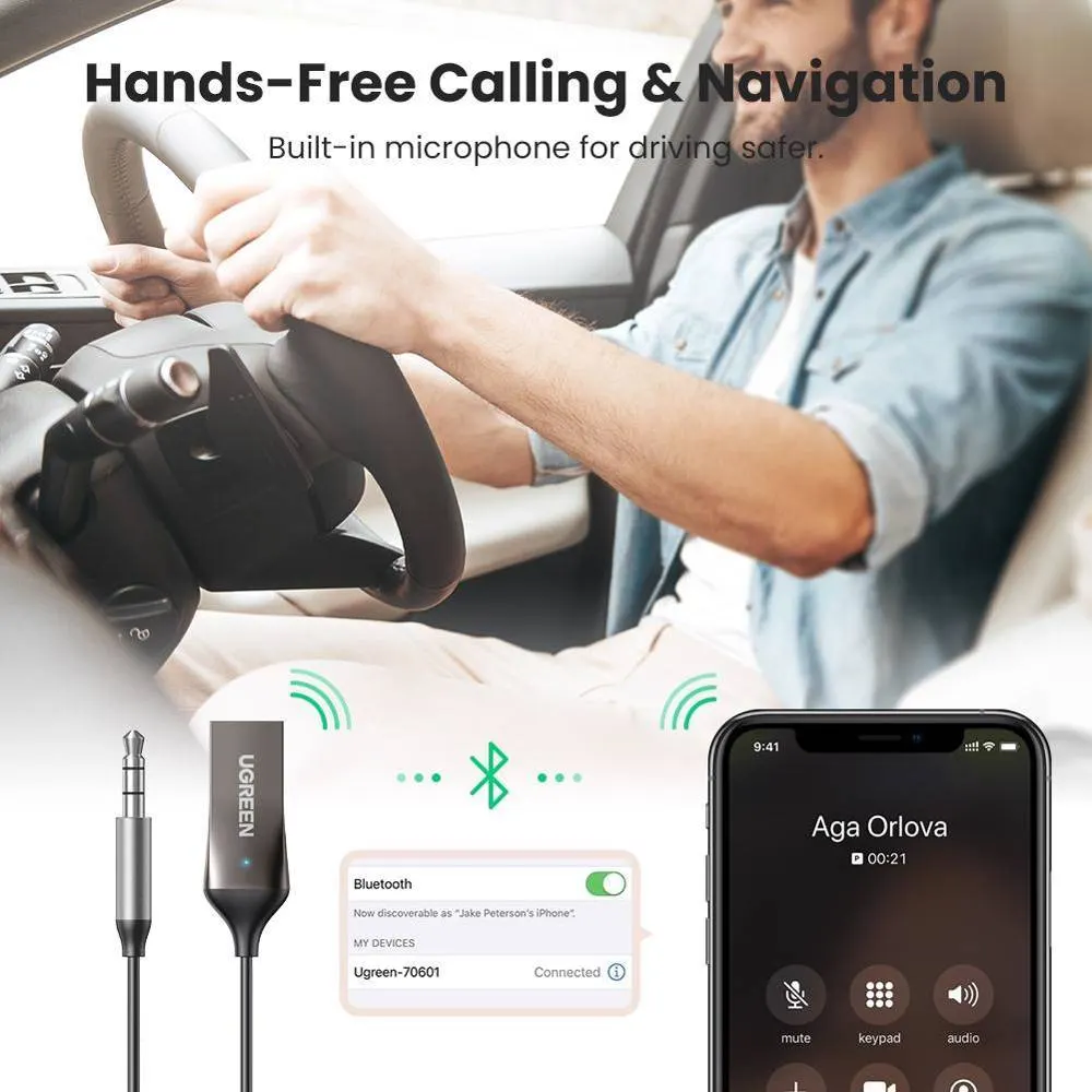 Bluetooth მიმღები UGREEN CM309 (70601), USB to Aux Car Bluetooth 5.0 Receiver, Audio Adapter, Black
