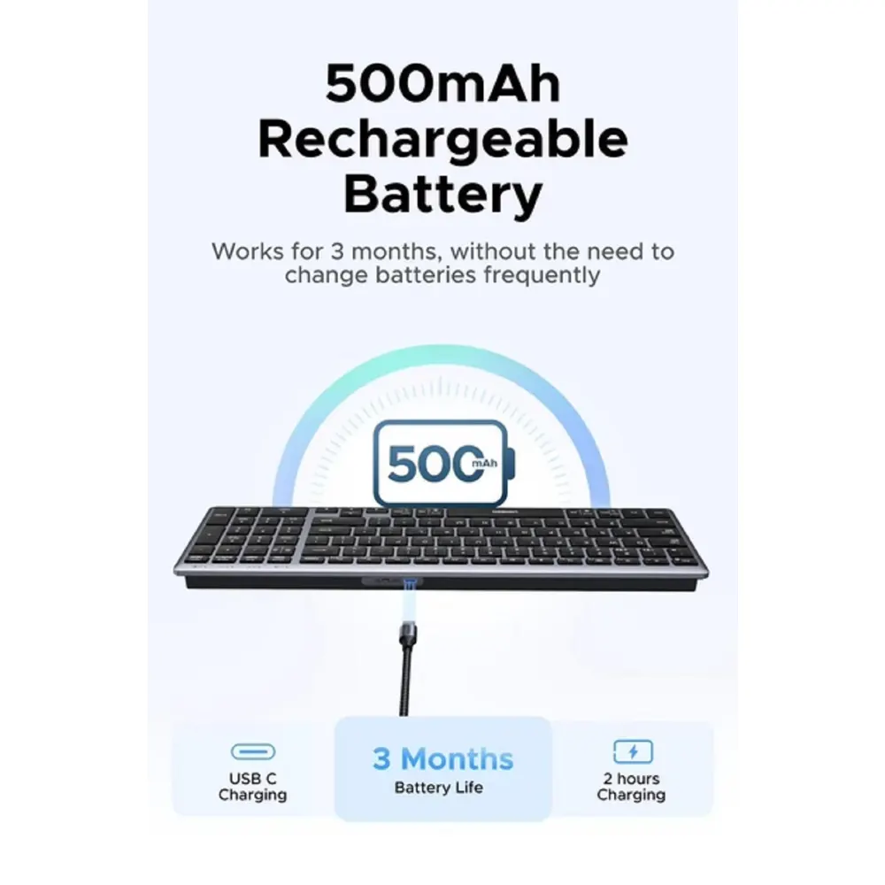 კლავიატურა UGREEN K552 (75163), Wireless, Bluetooth, USB, Keyboard, Grey