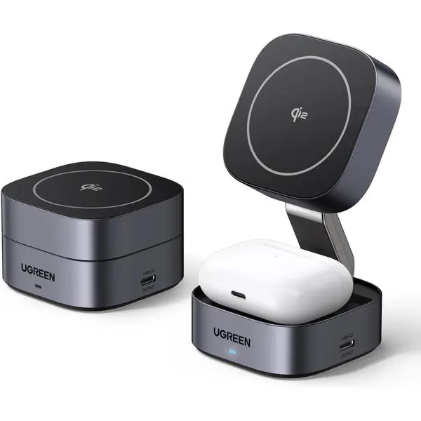 დამტენი W702, UGREEN, Power Supply, MagFlow Qi2, 25W, Magnetic Foldable Charging Station, Dark Gray.