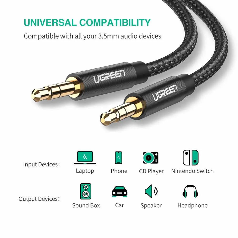 აუდიო კაბელი UGREEN AV112 (50361), 3.5mm Male To 3.5mm Male Cable, 1m, Black