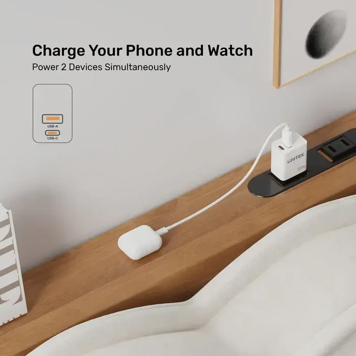 P1124AWH01-EU, UNITEK, 20W 2-Port Wall Charger (USB-A QC + USB-C PD), White