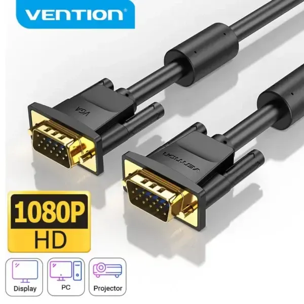 VGA/DVI კაბელი DAEBH, VENTION, Cable, VGA(3+6) Male to Male Cable with ferrite cores 2M Black.
