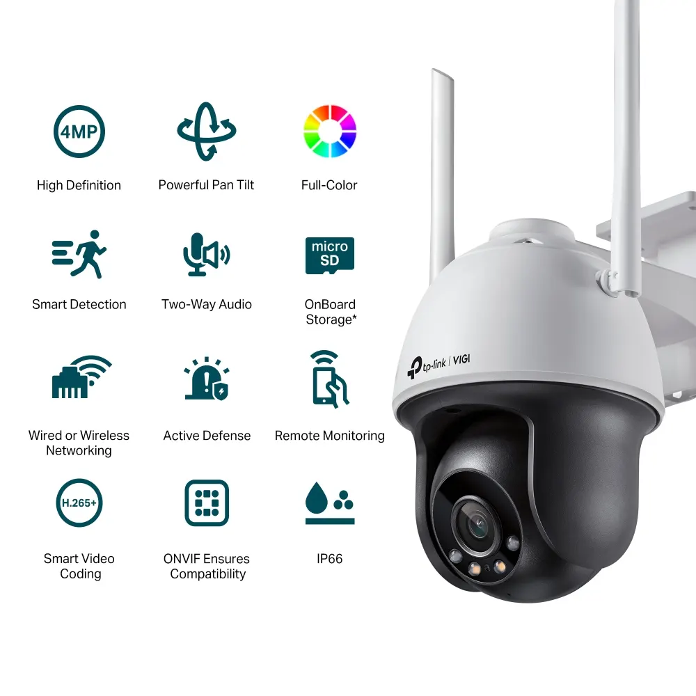 TP-Link VIGI C540-W Full-Color Wi-Fi Pan Tilt Network Camera - Outdoor, 4MP, 2560 × 1440, 4mm Lens, 93° Diagonal Viewing Angle, Full-Color Night
